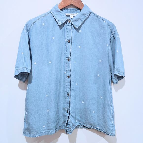 Jane And Delancey Womens Blue Chambray Star Print Button Up Blouse Size Medium - Picture 1 of 10